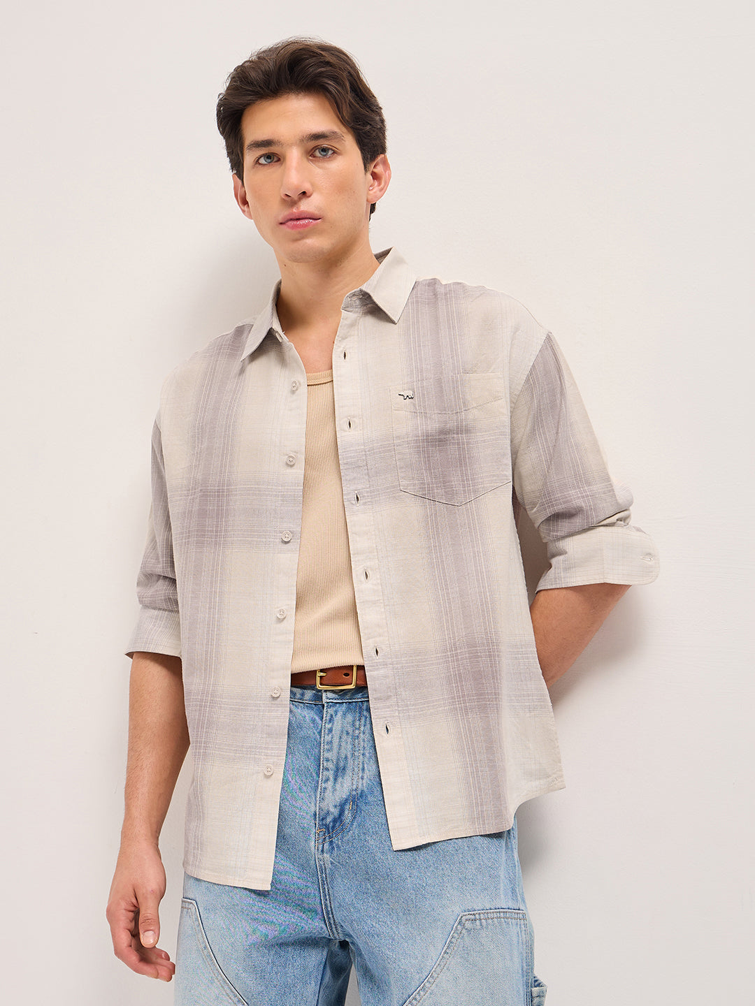 Pink and Cream Checkered Relaxed Fit Casual Shirt