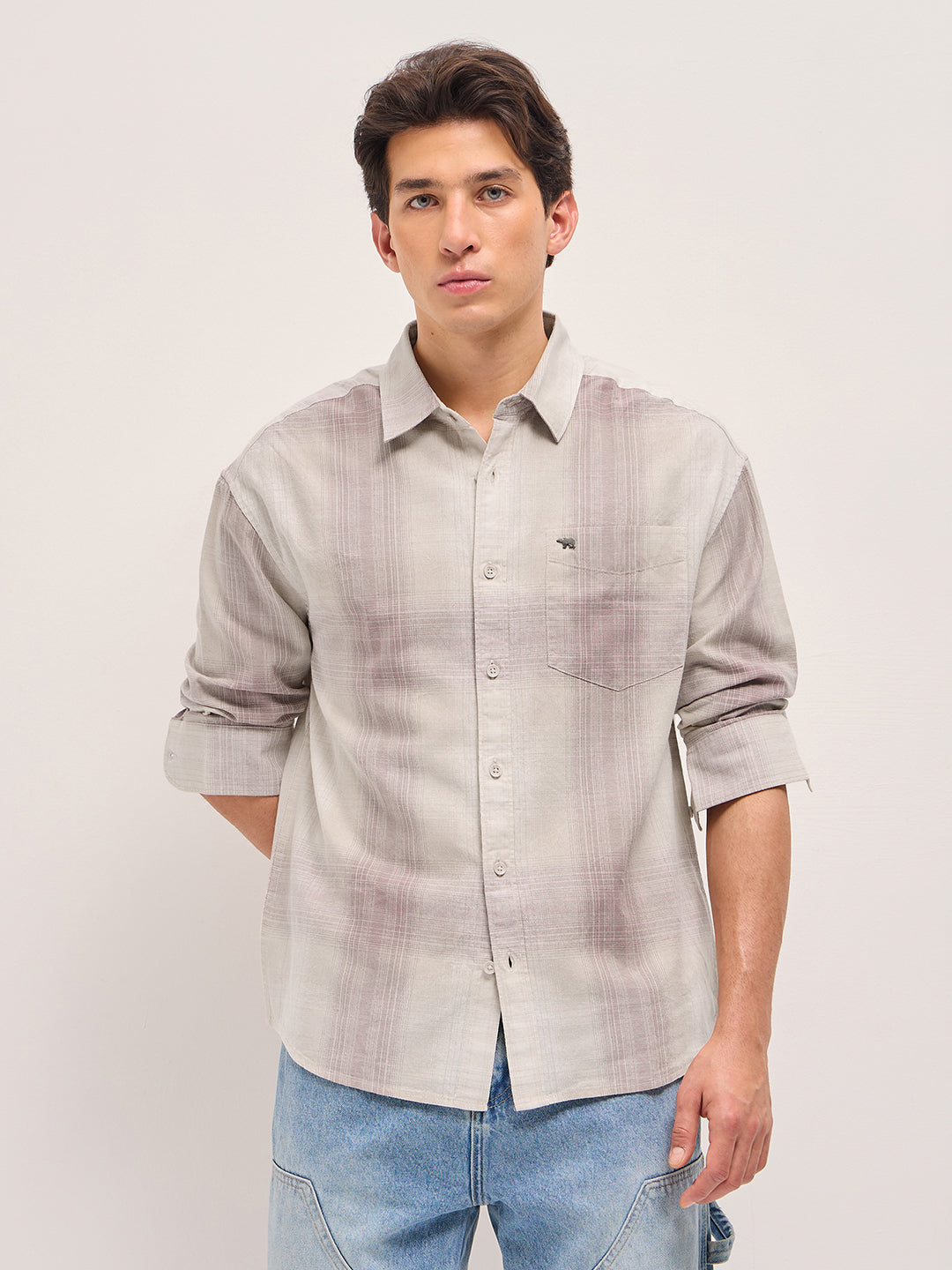 Pink and Cream Checkered Relaxed Fit Casual Shirt