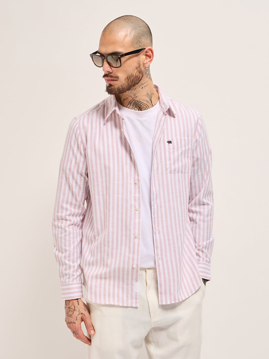 Pink with White Vertical Stripes Slim Fit Casual Shirt