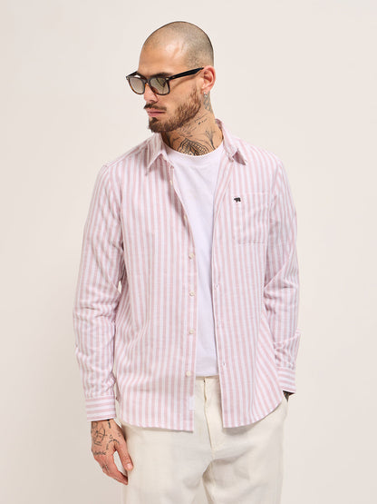 Pink with White Vertical Stripes Slim Fit Casual Shirt