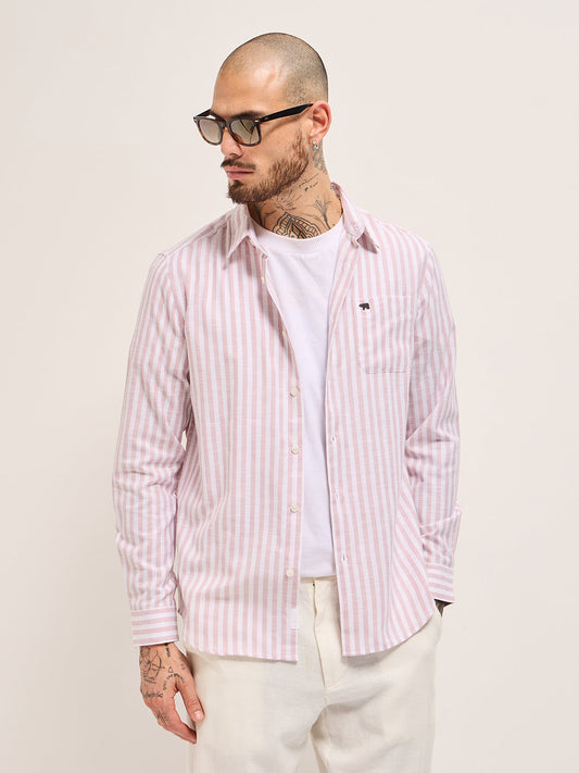 Pink with White Vertical Stripes Slim Fit Casual Shirt
