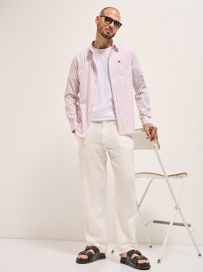 Pink with White Vertical Stripes Slim Fit Casual Shirt