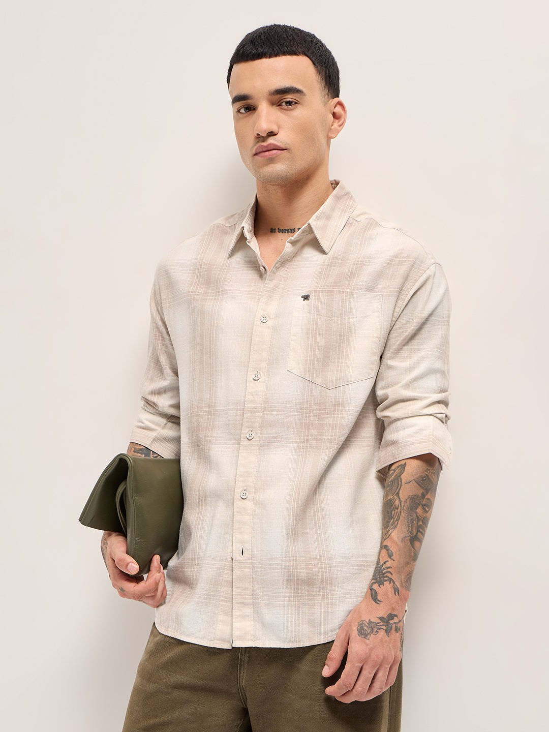 Beige Woven Checkered Relaxed Fit Casual Shirt