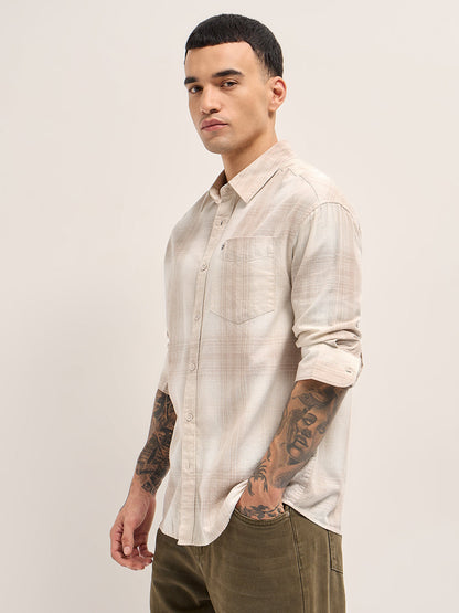 Beige Woven Checkered Relaxed Fit Casual Shirt