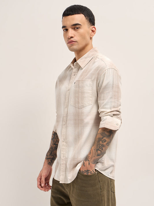 Beige Woven Checkered Relaxed Fit Casual Shirt