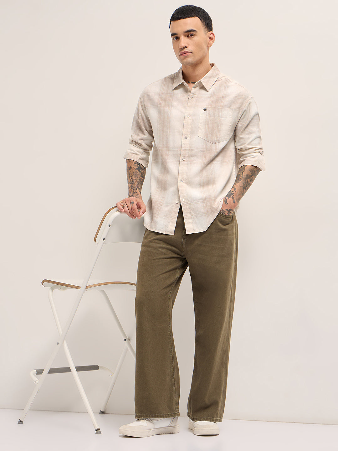 Beige Woven Checkered Relaxed Fit Casual Shirt