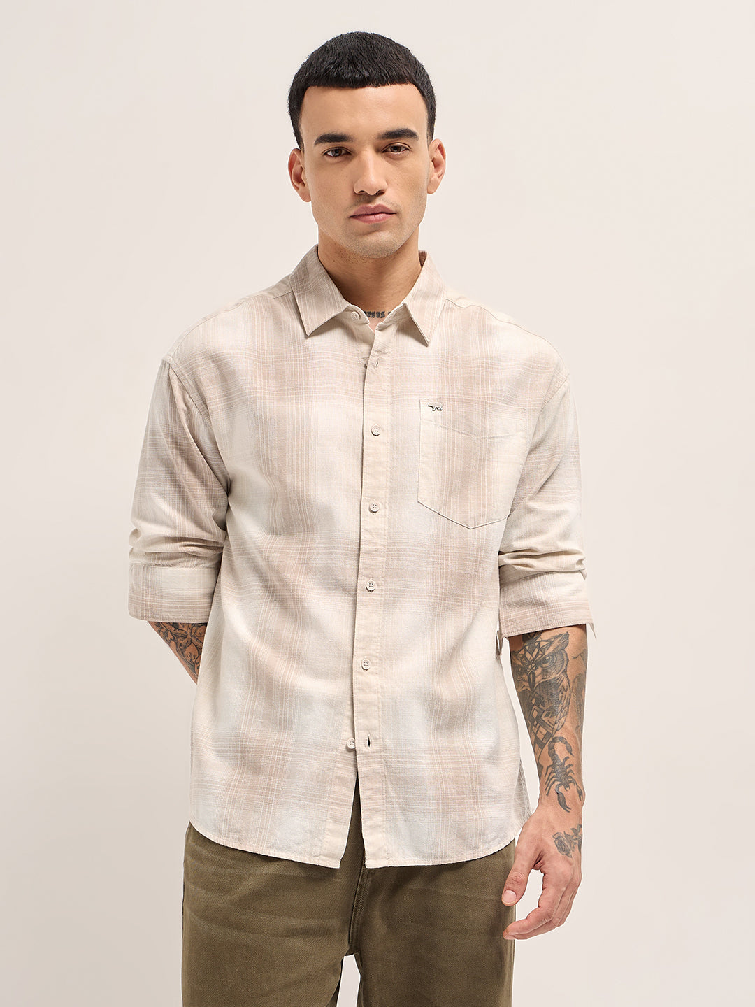 Beige Woven Checkered Relaxed Fit Casual Shirt