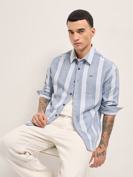 Blue and White Vertical Striped Relaxed Fit Overshirt