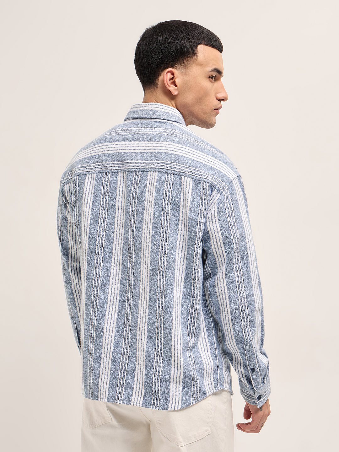 Blue and White Vertical Striped Relaxed Fit Overshirt