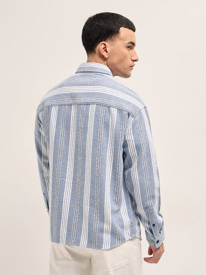Blue and White Vertical Striped Relaxed Fit Overshirt