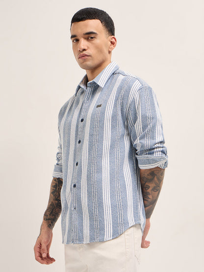 Blue and White Vertical Striped Relaxed Fit Overshirt