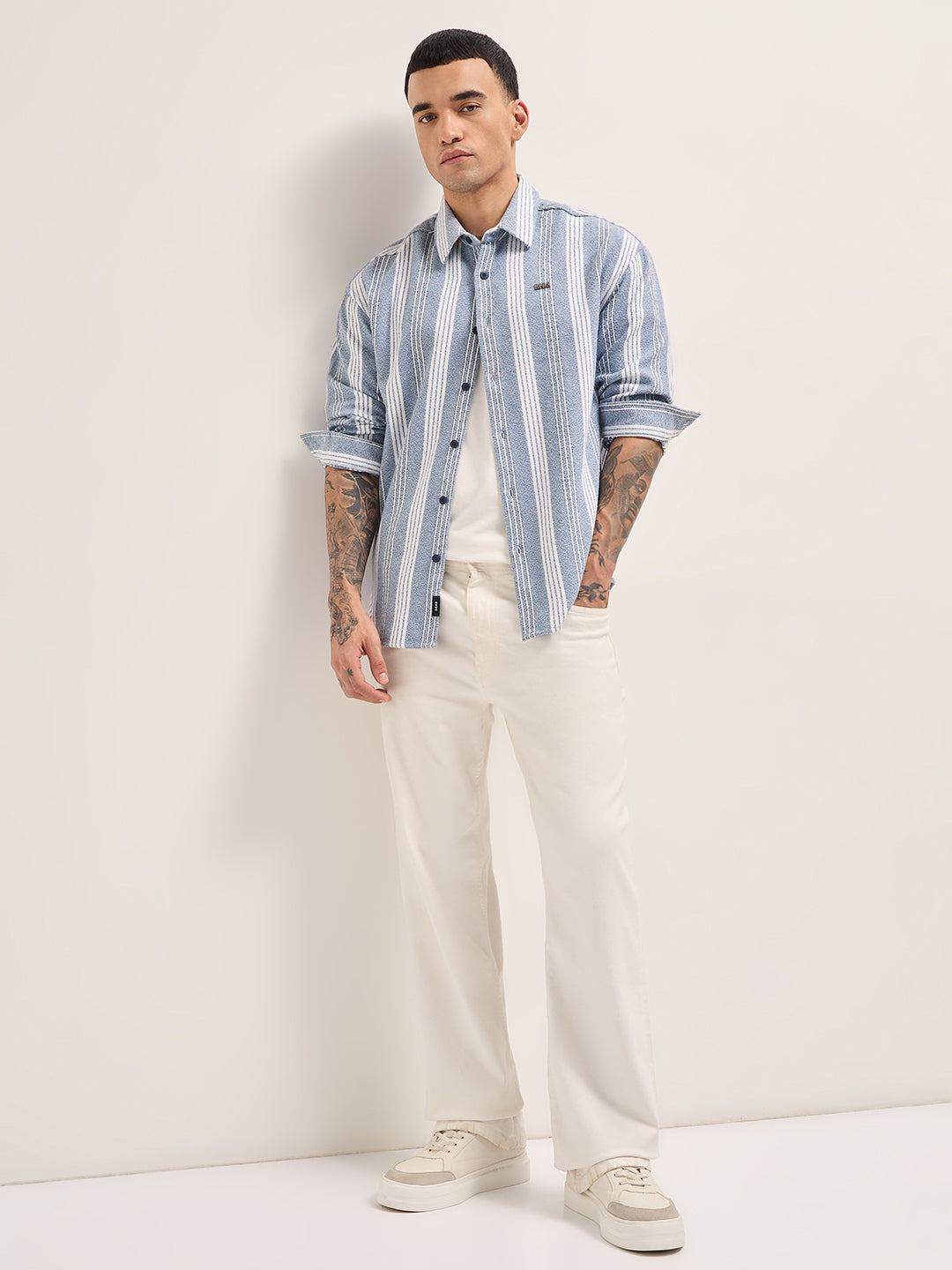 Blue and White Vertical Striped Relaxed Fit Overshirt