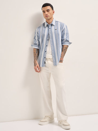 Blue and White Vertical Striped Relaxed Fit Overshirt