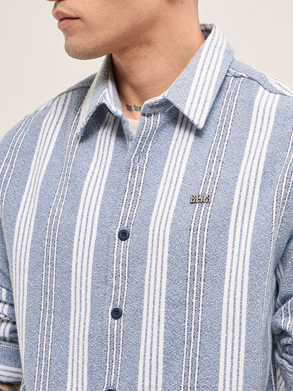 Blue and White Vertical Striped Relaxed Fit Overshirt