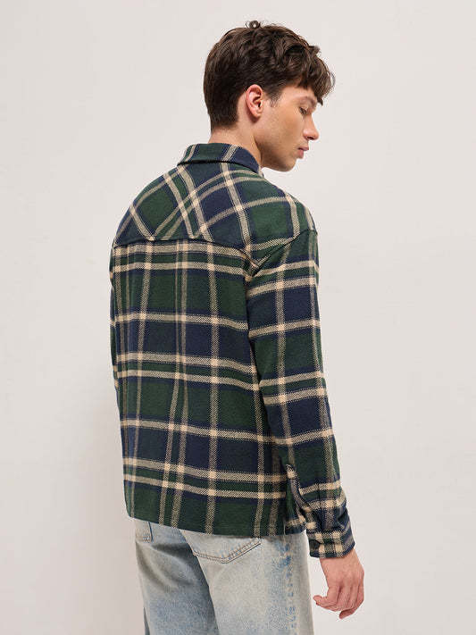 Green Checkered Relaxed Fit Cotton Shacket with Dual Patch Pockets