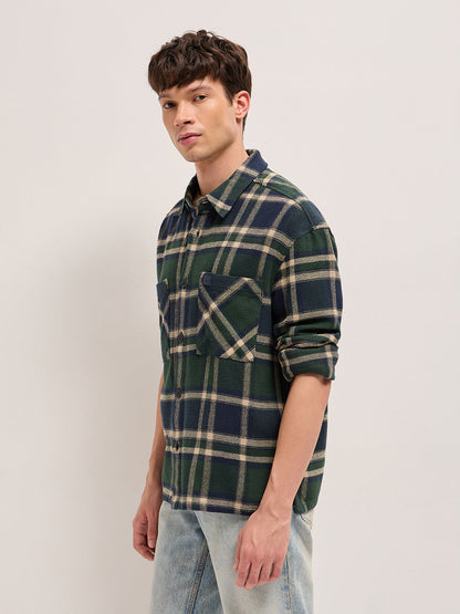 Green Checkered Relaxed Fit Cotton Shacket with Dual Patch Pockets