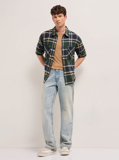 Green Checkered Relaxed Fit Cotton Shacket with Dual Patch Pockets