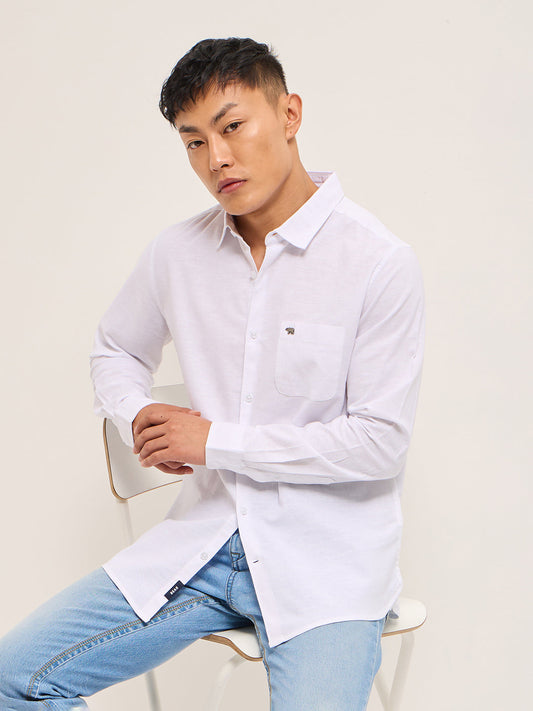 White Cotton Linen Slim Fit Solid Casual Shirt