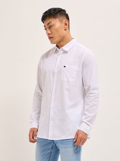 White Cotton Linen Slim Fit Solid Casual Shirt
