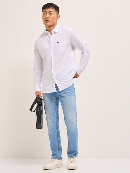 White Cotton Linen Slim Fit Solid Casual Shirt