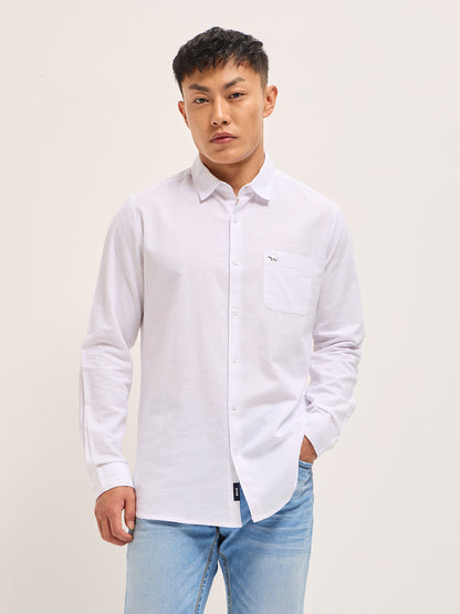 White Cotton Linen Slim Fit Solid Casual Shirt
