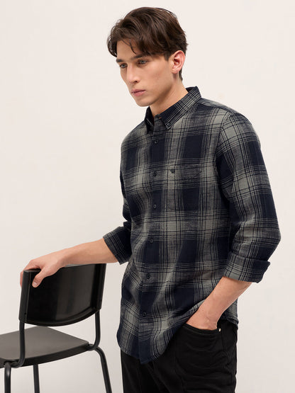 Black with Grey Woven Checked Design Slim Fit Casual Shirt