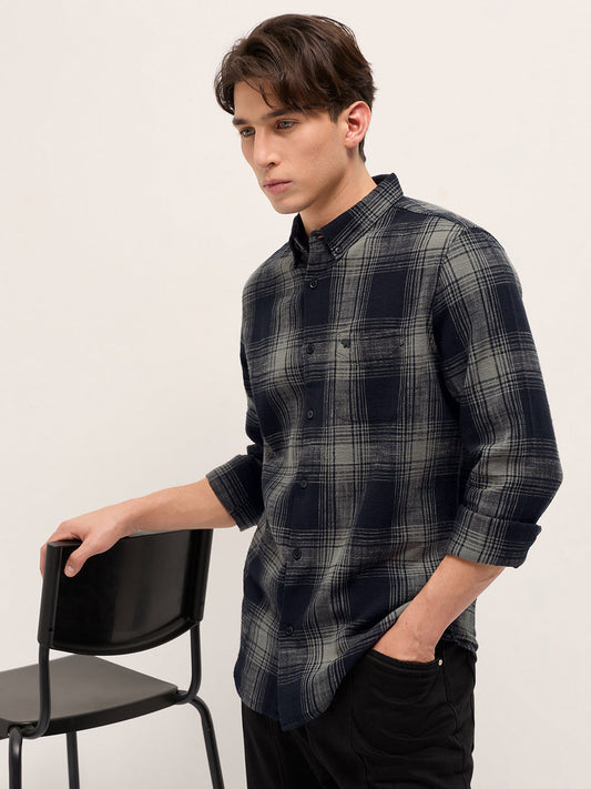 Black with Grey Woven Checked Design Slim Fit Casual Shirt