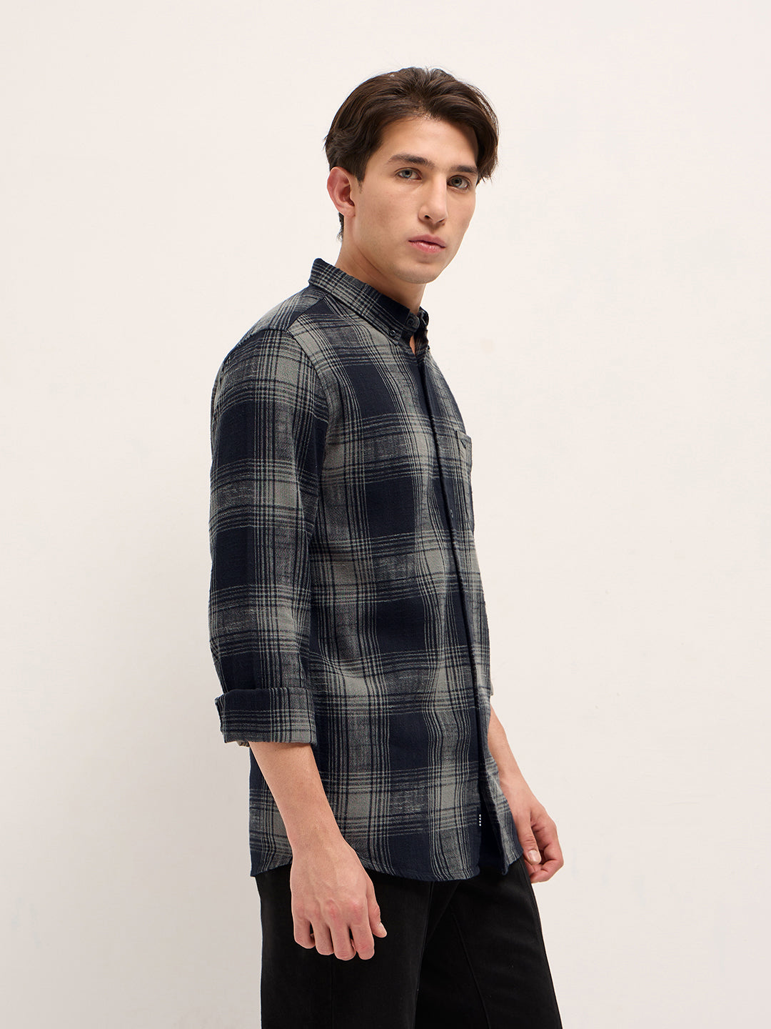 Black with Grey Woven Checked Design Slim Fit Casual Shirt