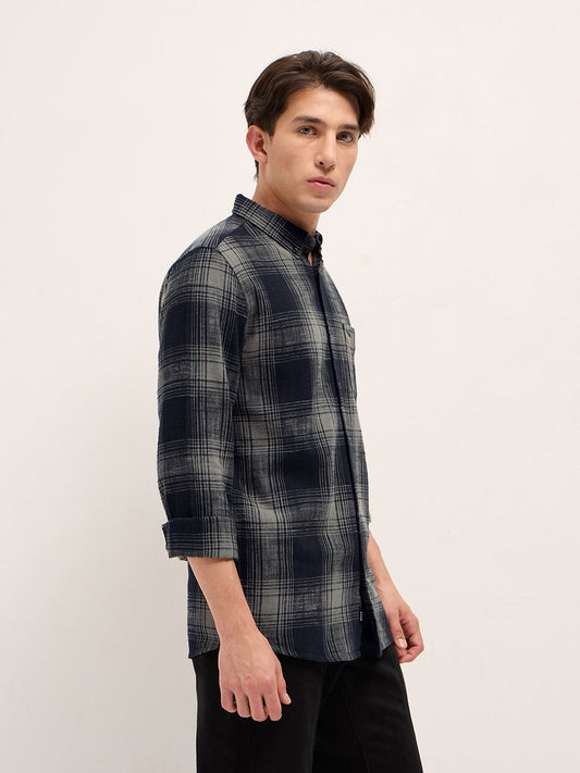Black with Grey Woven Checked Design Slim Fit Casual Shirt