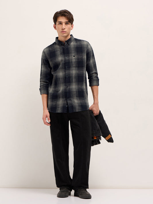 Black with Grey Woven Checked Design Slim Fit Casual Shirt