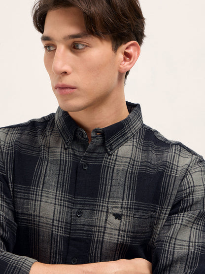 Black with Grey Woven Checked Design Slim Fit Casual Shirt