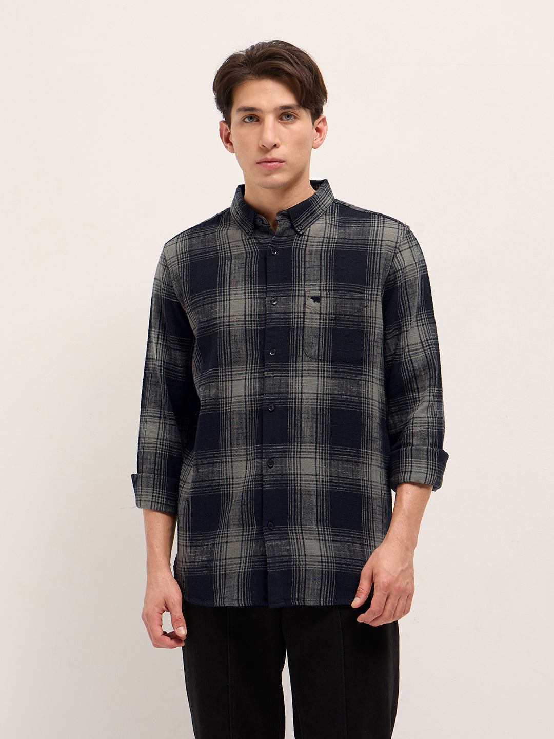 Black with Grey Woven Checked Design Slim Fit Casual Shirt