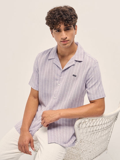 Vertical Textured Stripe Relaxed Fit Half Sleeve Shirt