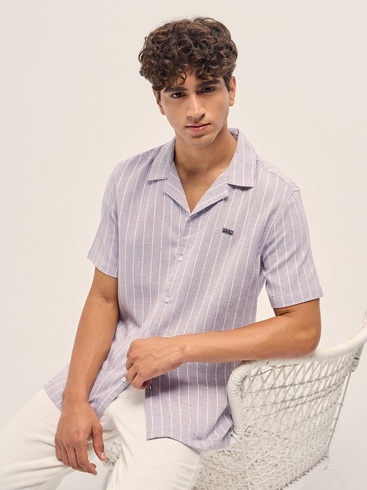 Vertical Textured Stripe Relaxed Fit Half Sleeve Shirt