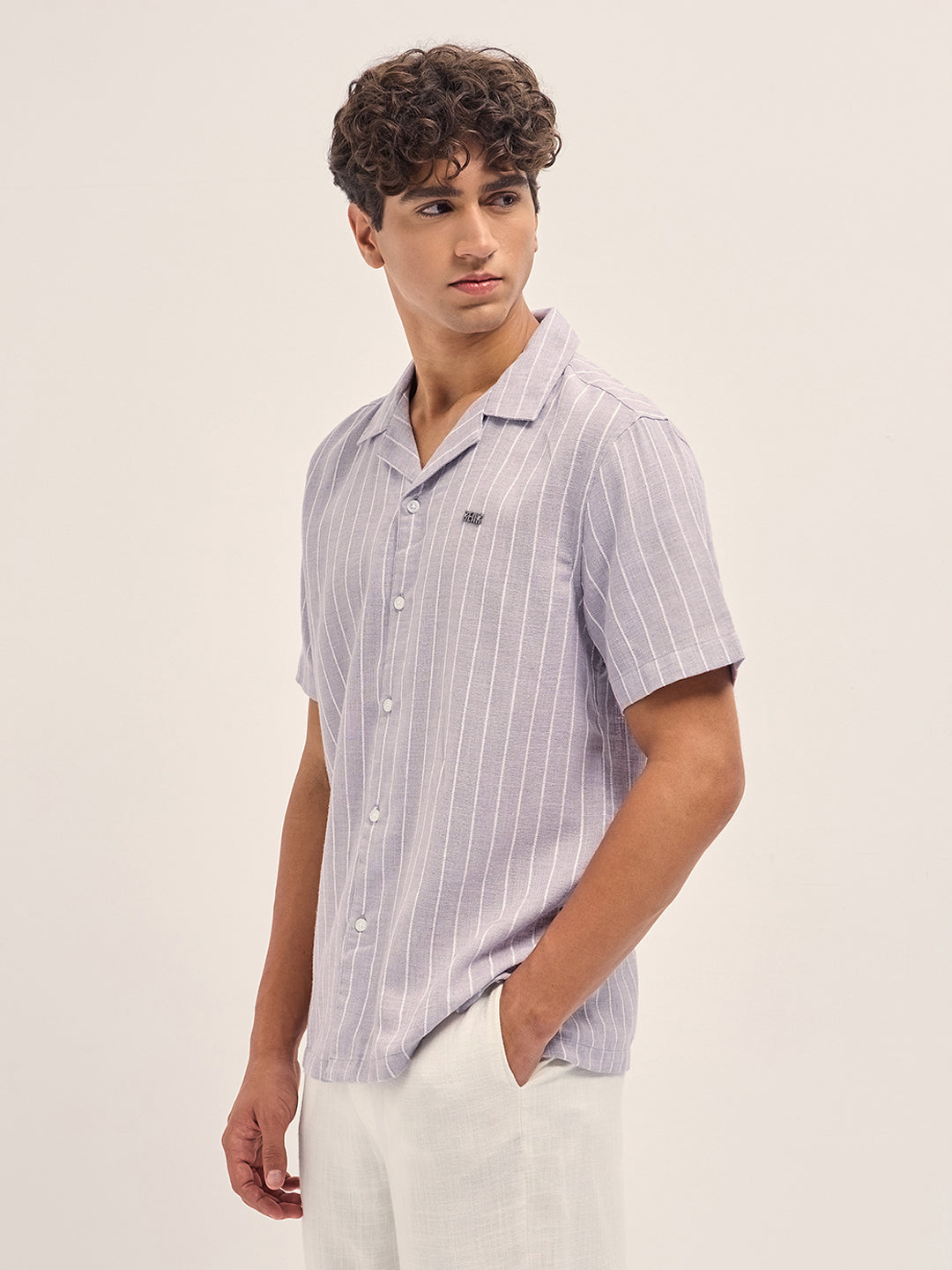 Vertical Textured Stripe Relaxed Fit Half Sleeve Shirt