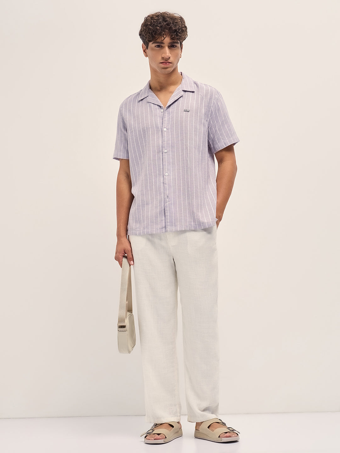 Vertical Textured Stripe Relaxed Fit Half Sleeve Shirt