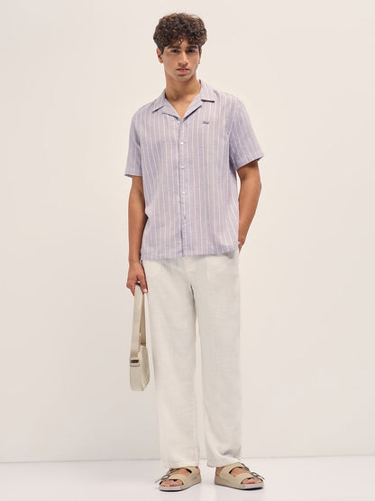 Vertical Textured Stripe Relaxed Fit Half Sleeve Shirt