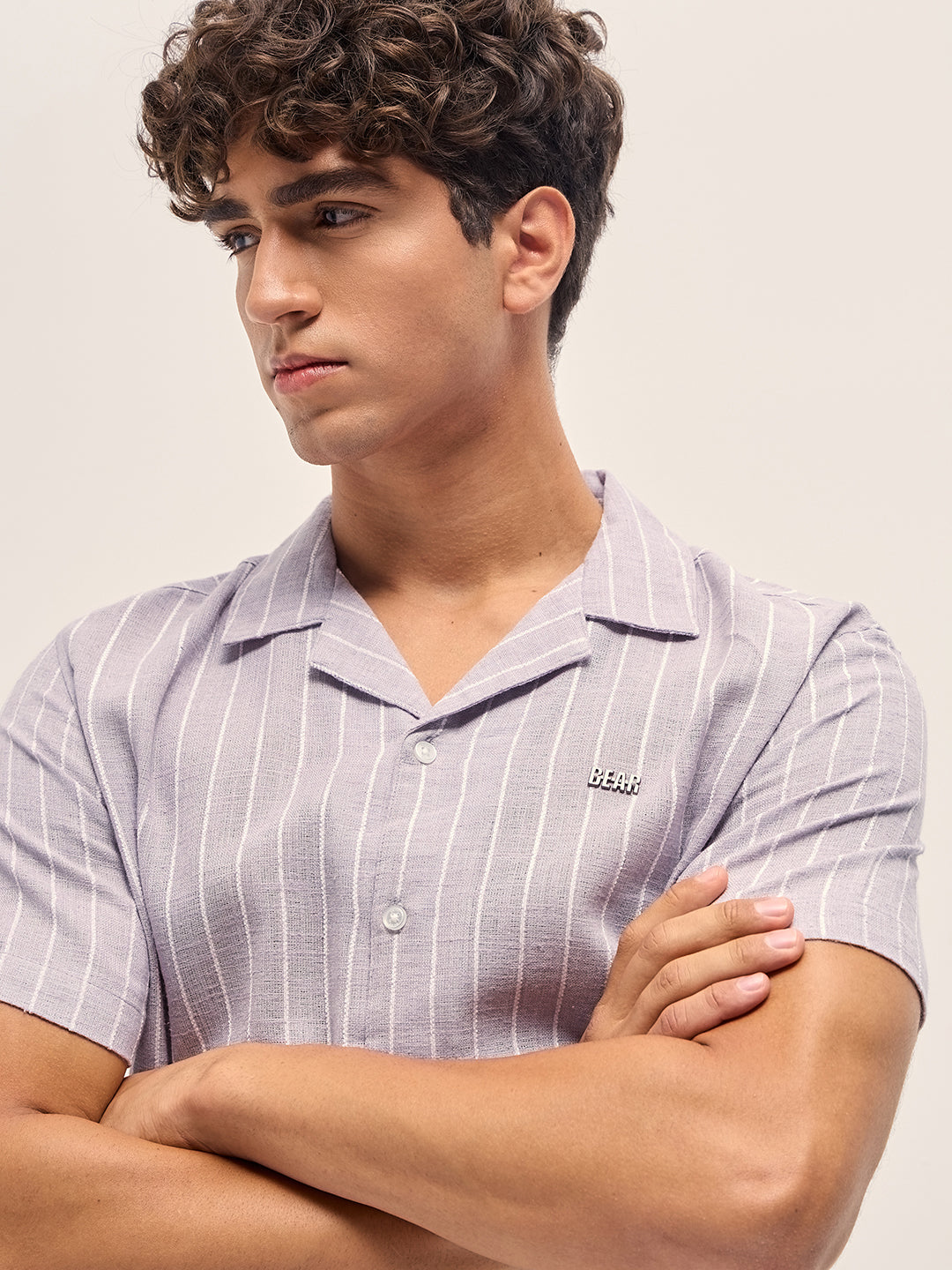 Vertical Textured Stripe Relaxed Fit Half Sleeve Shirt