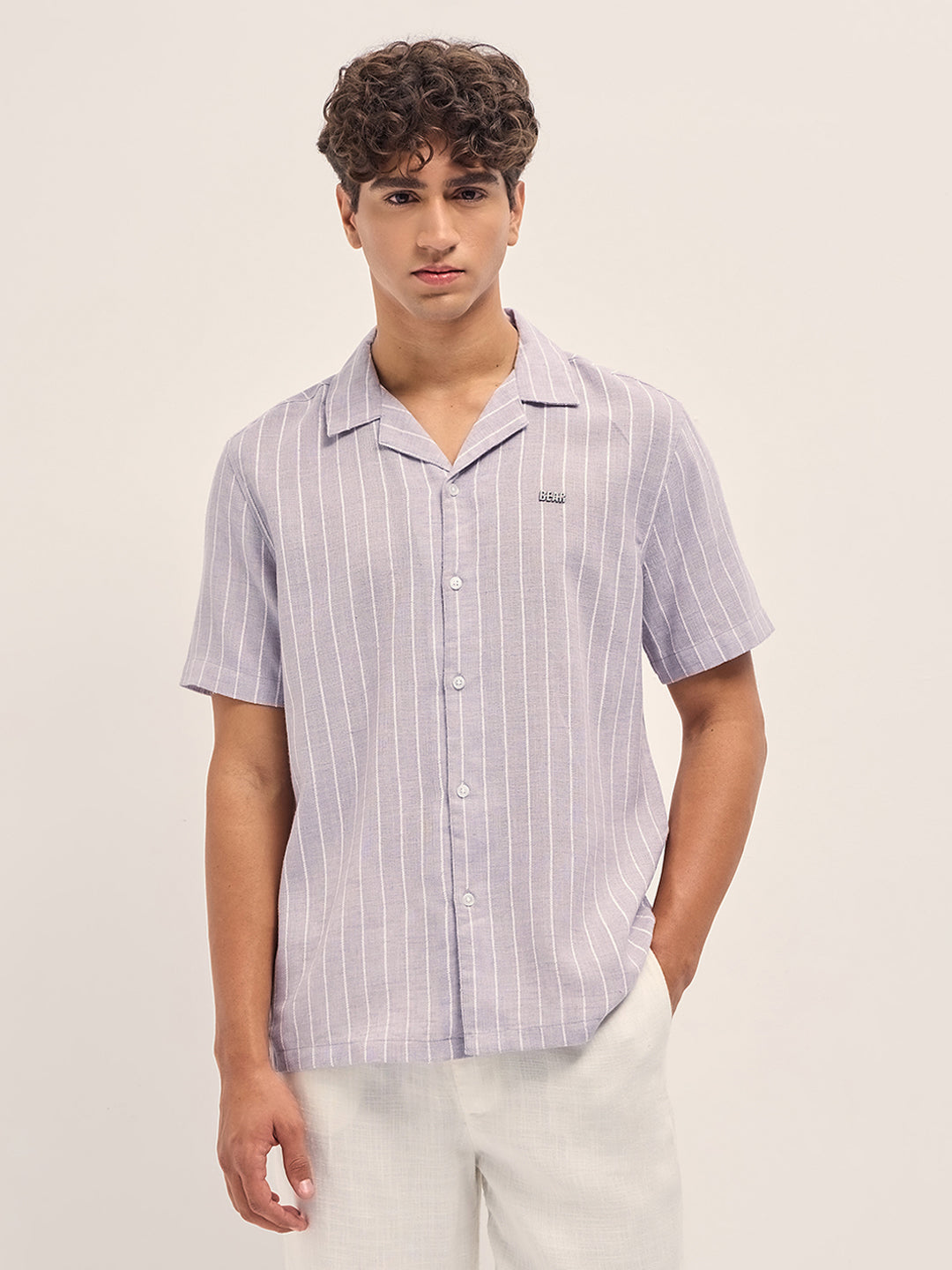 Vertical Textured Stripe Relaxed Fit Half Sleeve Shirt