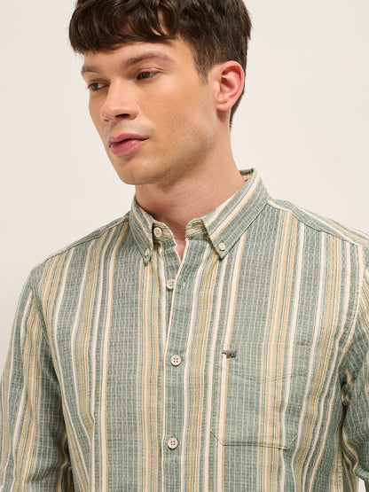 Multicolor Slim Fit Woven Vertical Striped Cotton Casual Shirt