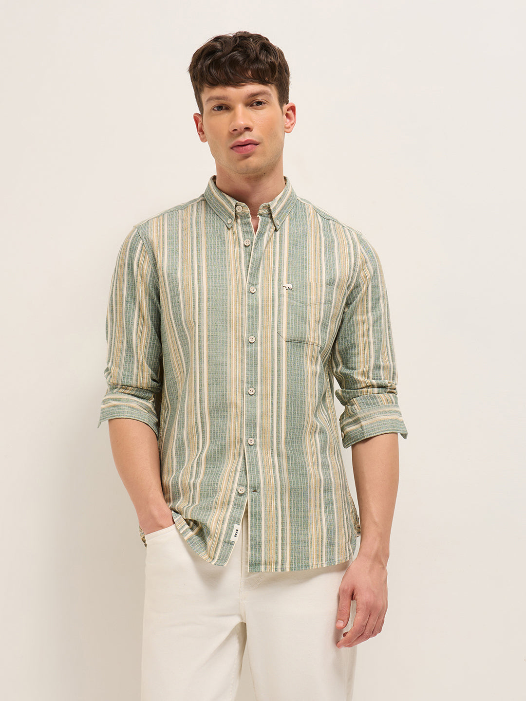 Multicolor Slim Fit Woven Vertical Striped Cotton Casual Shirt