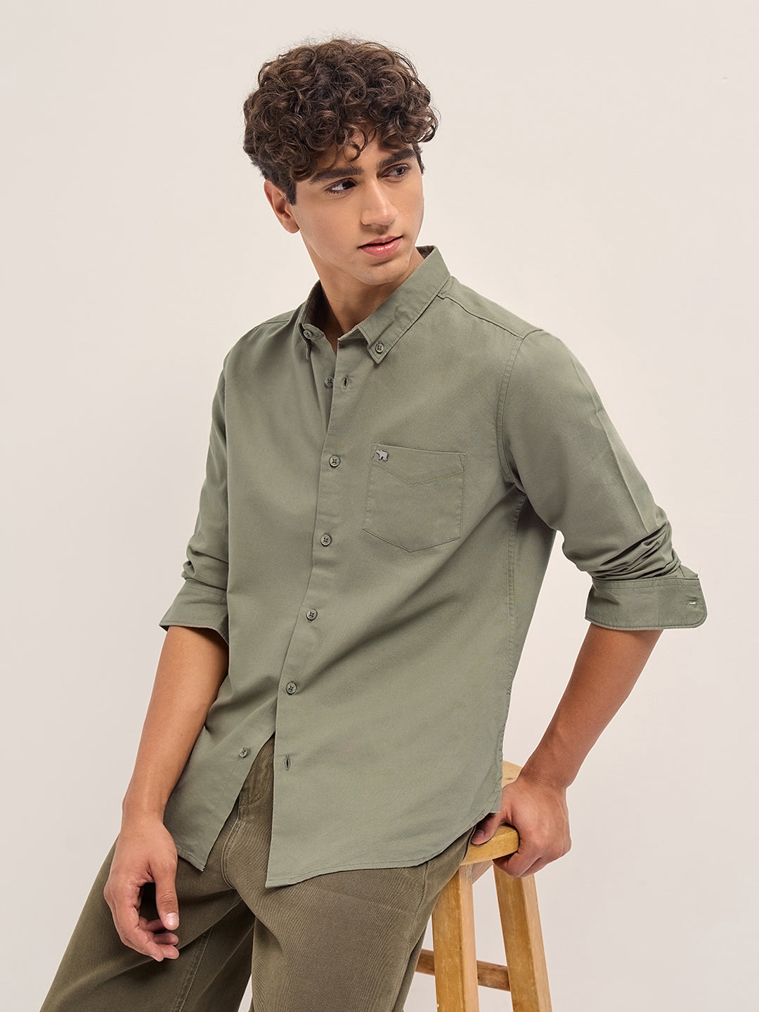 Olive Solid Slim Fit Casual Shirt with Button-Down Collar