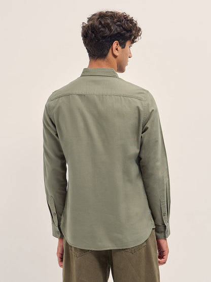 Olive Solid Slim Fit Casual Shirt with Button-Down Collar