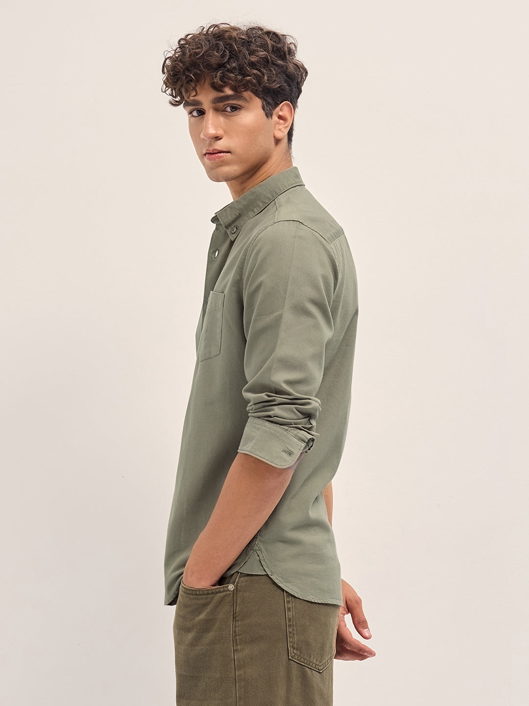 Olive Solid Slim Fit Casual Shirt with Button-Down Collar