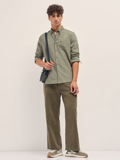Olive Solid Slim Fit Casual Shirt with Button-Down Collar