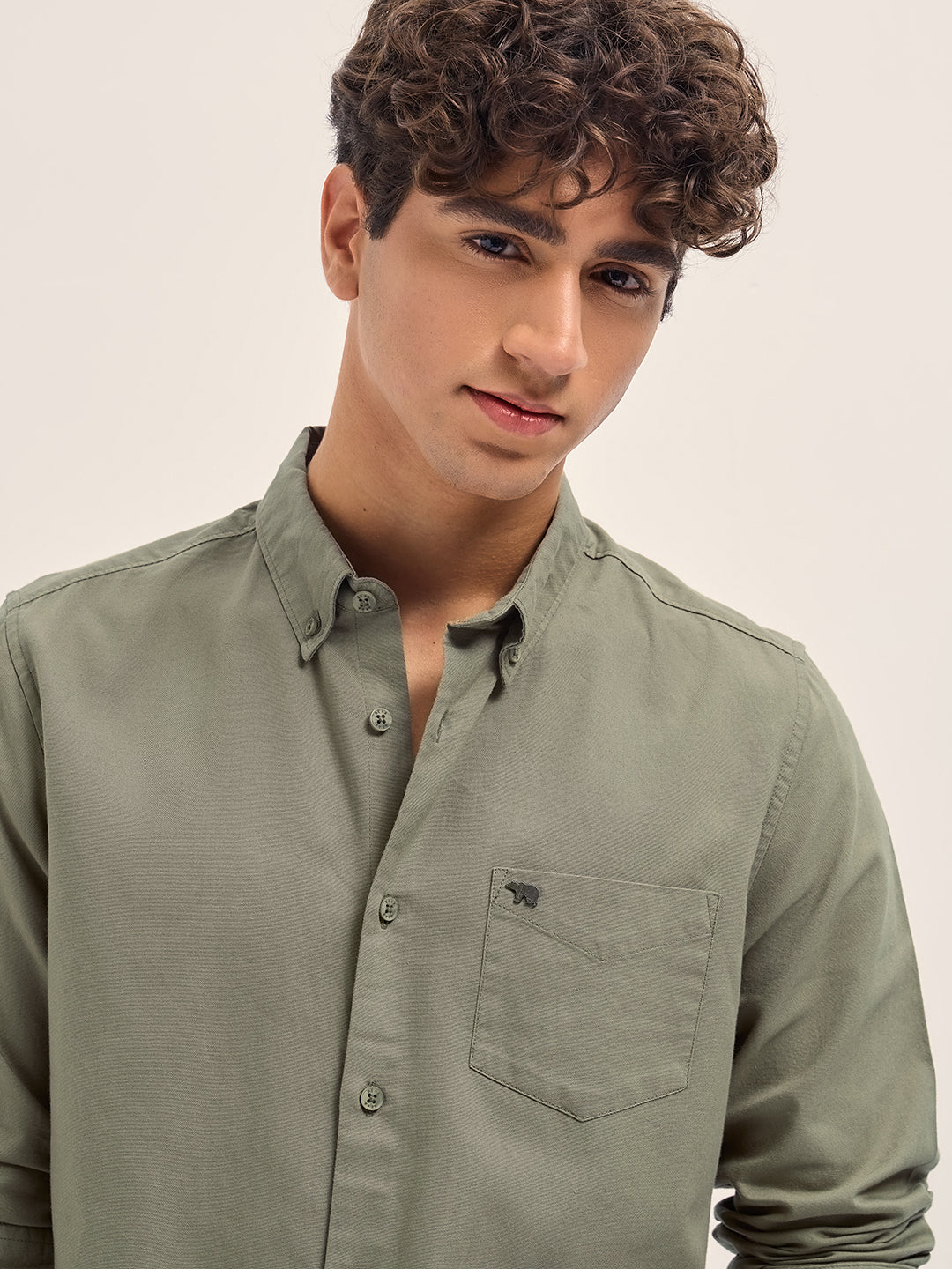 Olive Solid Slim Fit Casual Shirt with Button-Down Collar