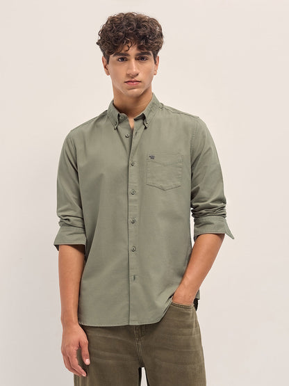 Olive Solid Slim Fit Casual Shirt with Button-Down Collar