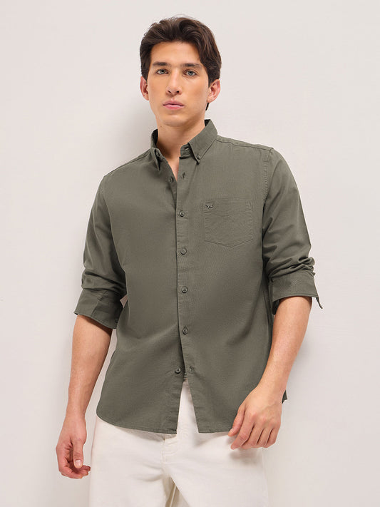 Olive Solid Slim Fit Casual Shirt with Button-Down Collar