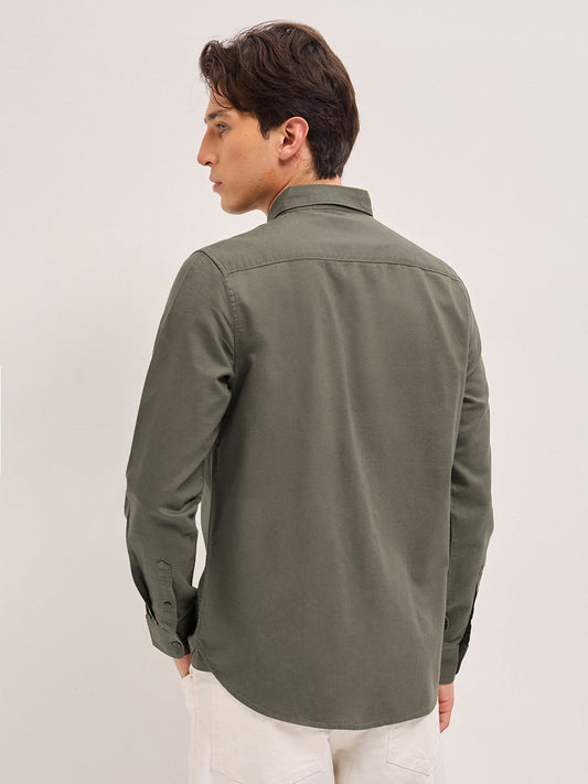 Olive Solid Slim Fit Casual Shirt with Button-Down Collar