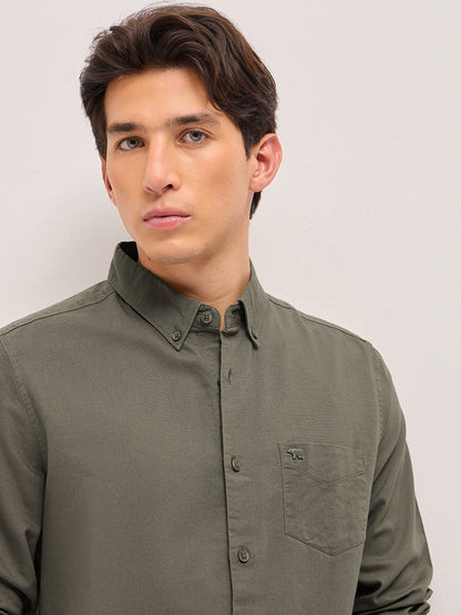 Olive Solid Slim Fit Casual Shirt with Button-Down Collar